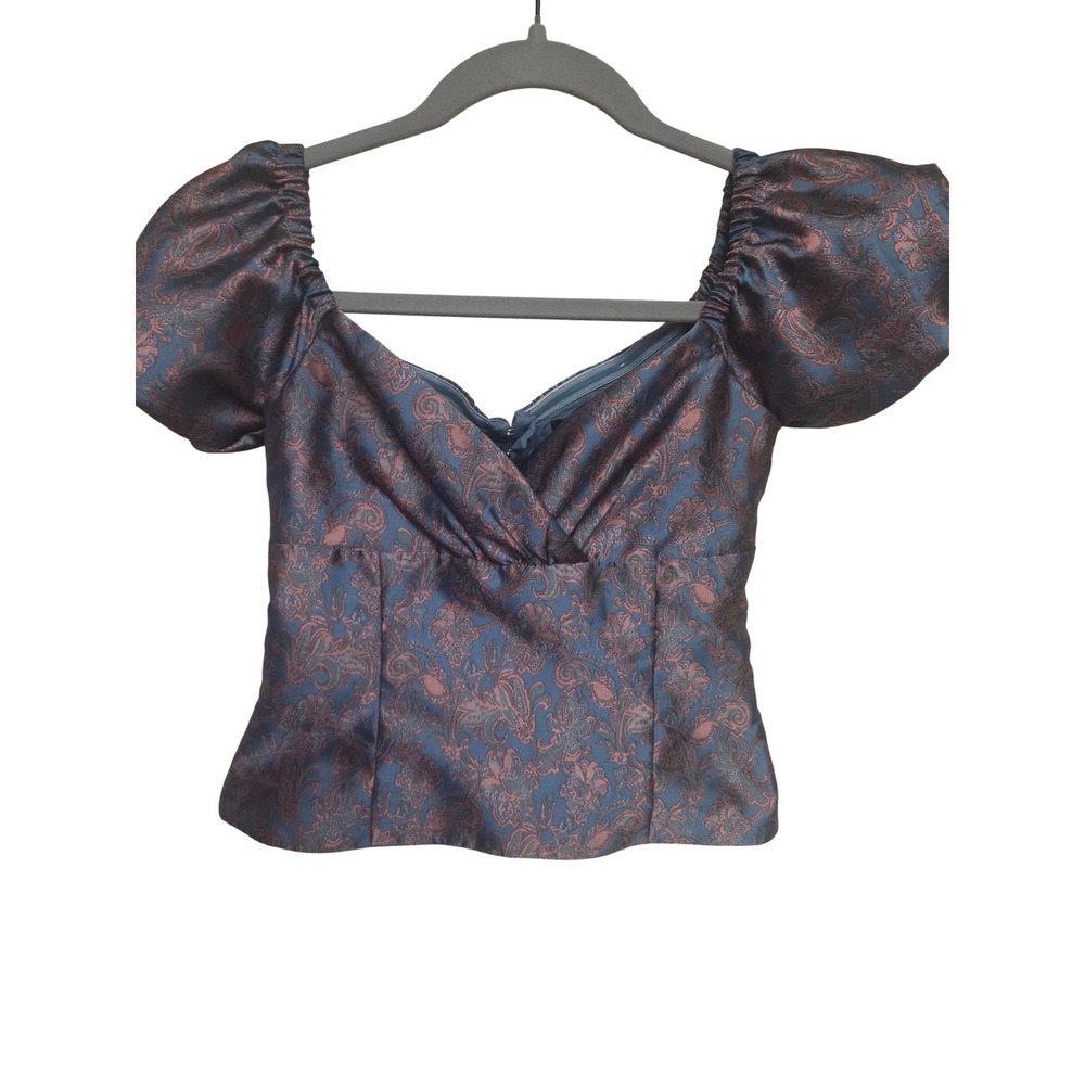 Majorelle XXS Blue Paisley Puff Sleeve Corset Top Ruched Bustier Blouse